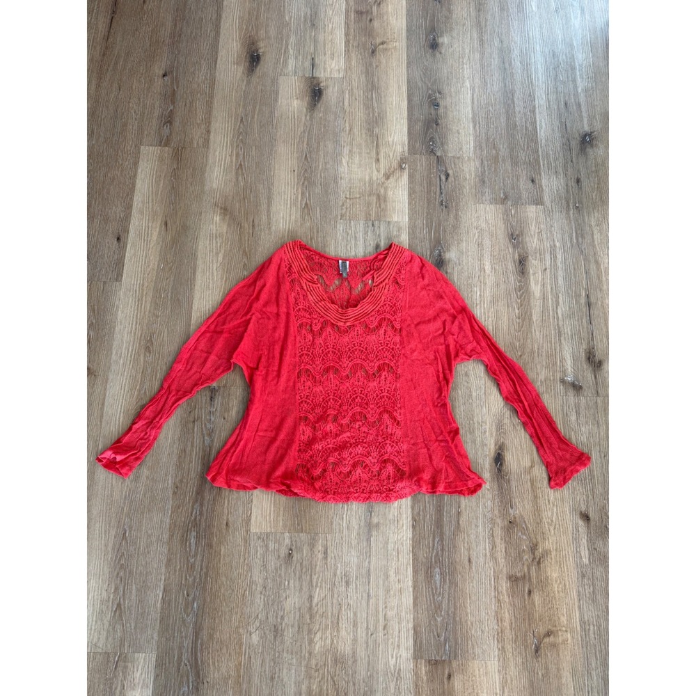 XCVI Crochet Lace Top Women XL Red Boho Long Sleeve Scoop Neck Cotton Blend Airy